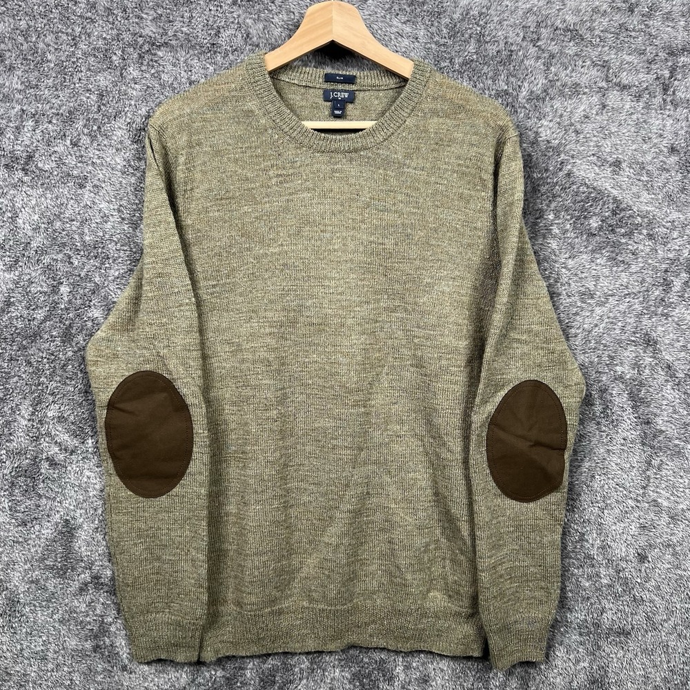 J.CREW Men's Pullover Sweater Gray Large Wool Nylon Elbow Patches Slim Preppy